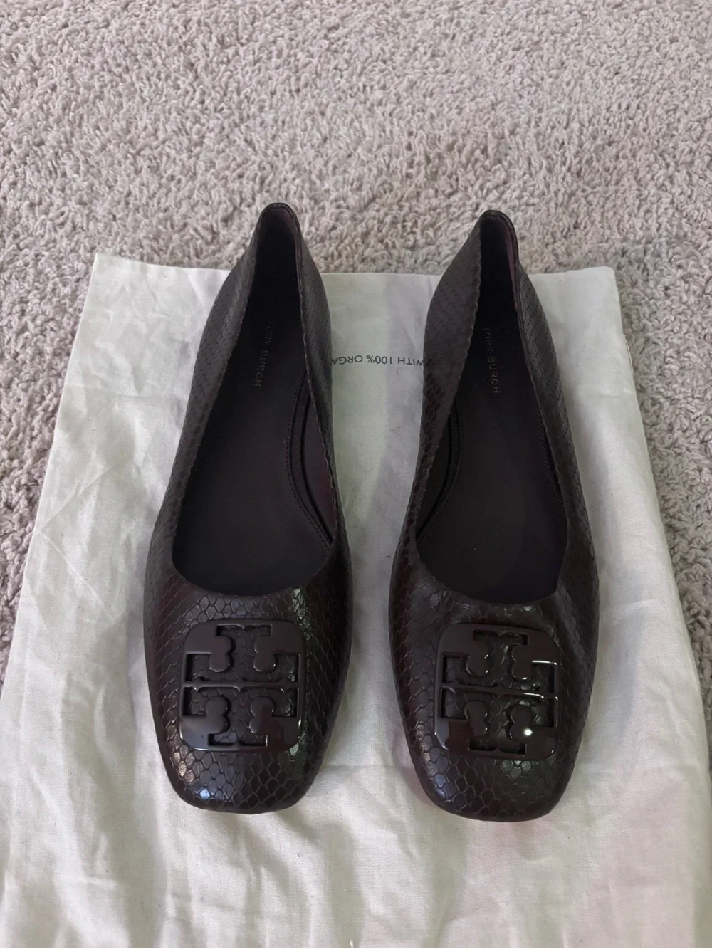 Tory Burch Dark Brown Snake-Embossed Logo Ballet Flats